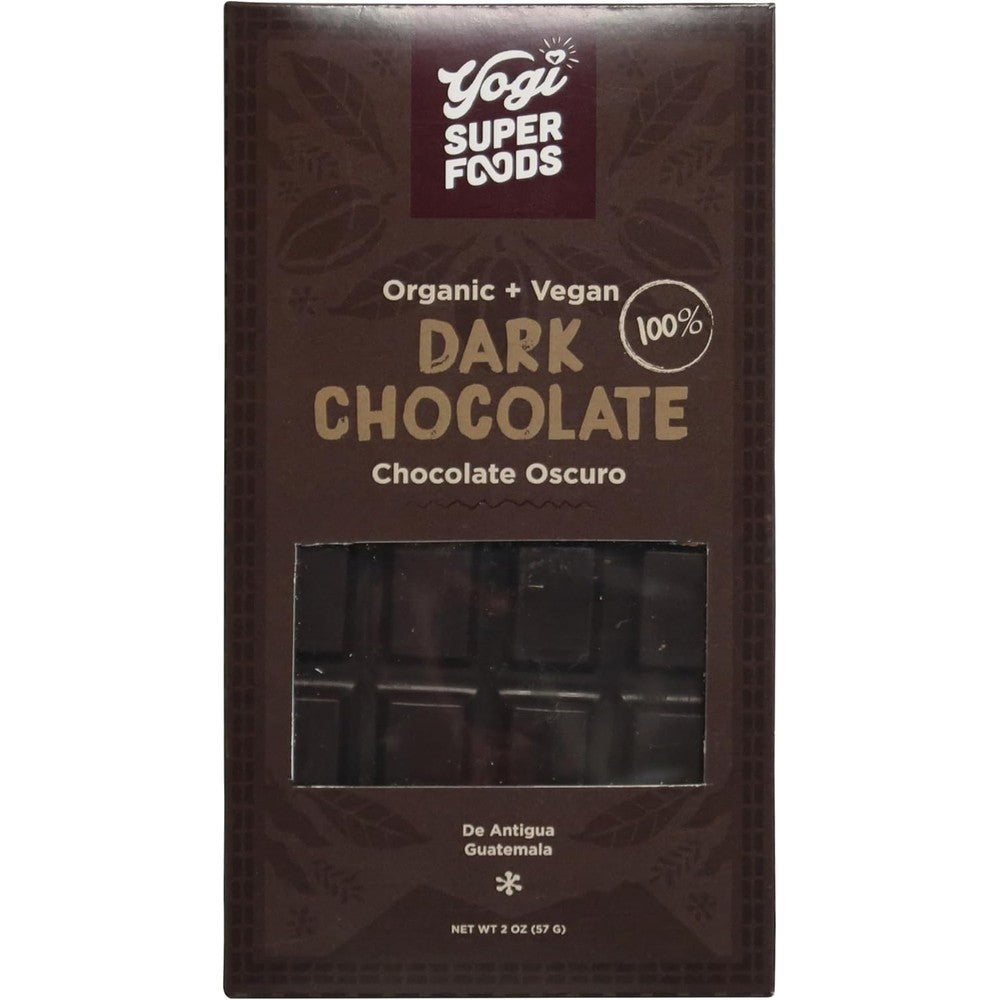 Yogi Super Foods 100% Organic Dark Chocolate Cacao Bar front view for raw vegan snacks.