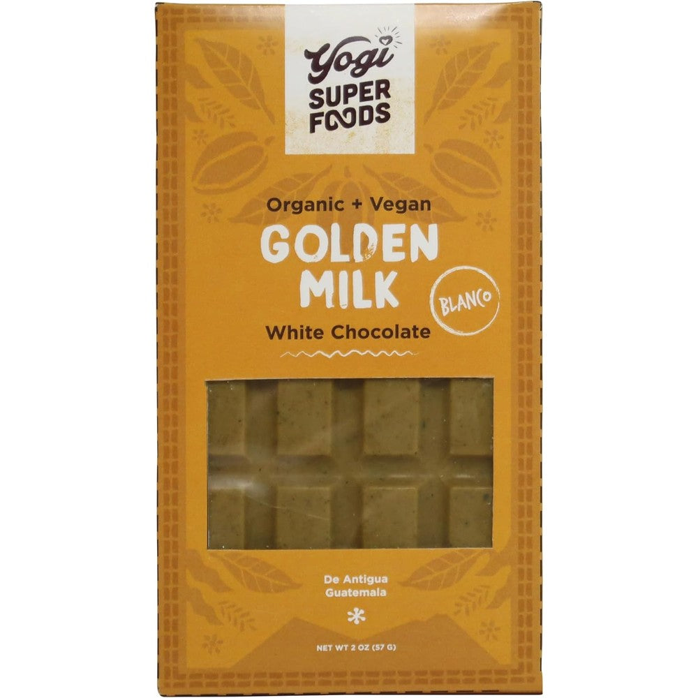 Yogi Super Foods Vegan White Chocolate Golden Milk Bar front packaging showing organic ingredients.