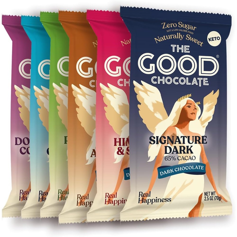 The Good Chocolate Keto Variety Pack front view showing six assorted sugar free bars.