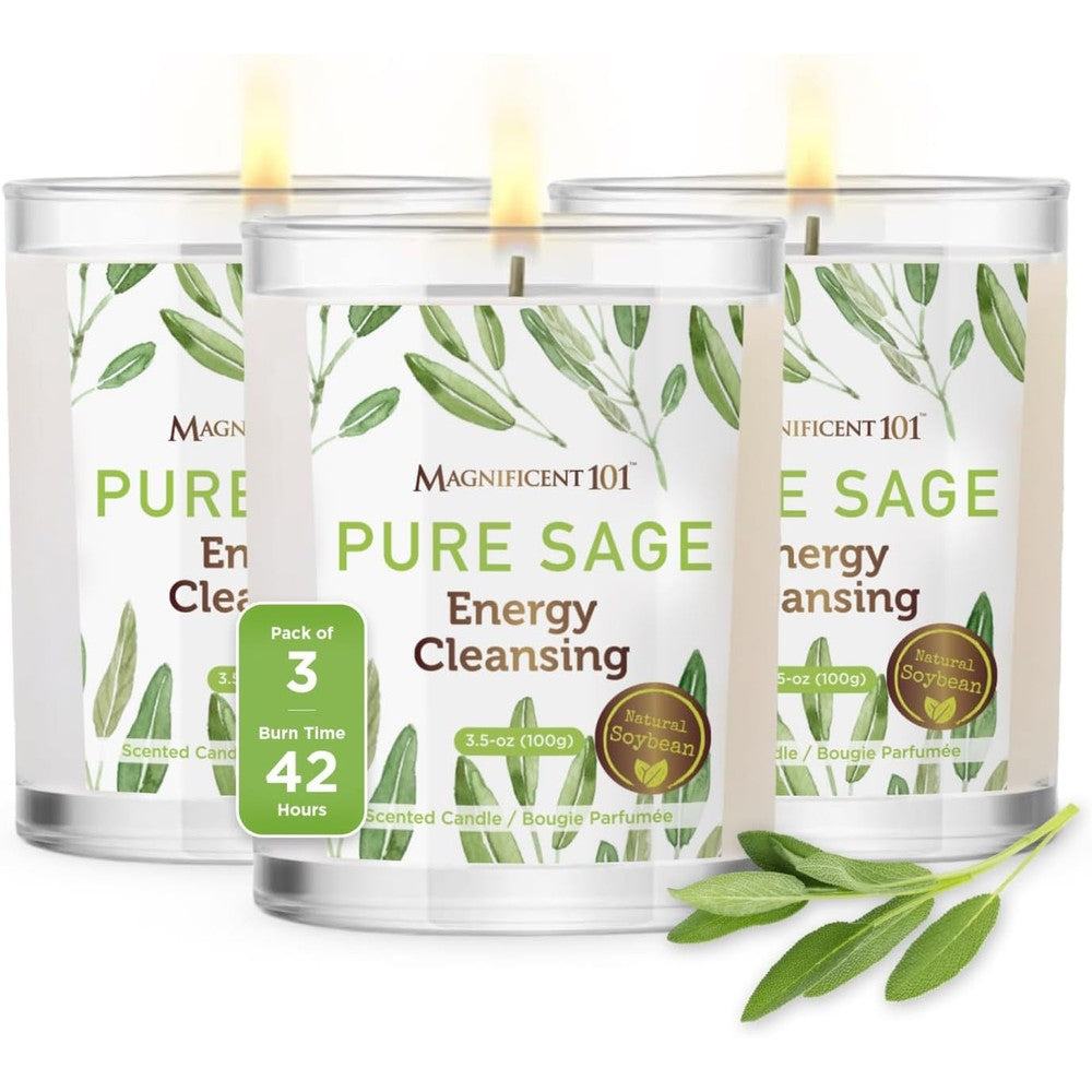 Magnificent 101 Pure White Sage Manifestation Candle front view in silver tin