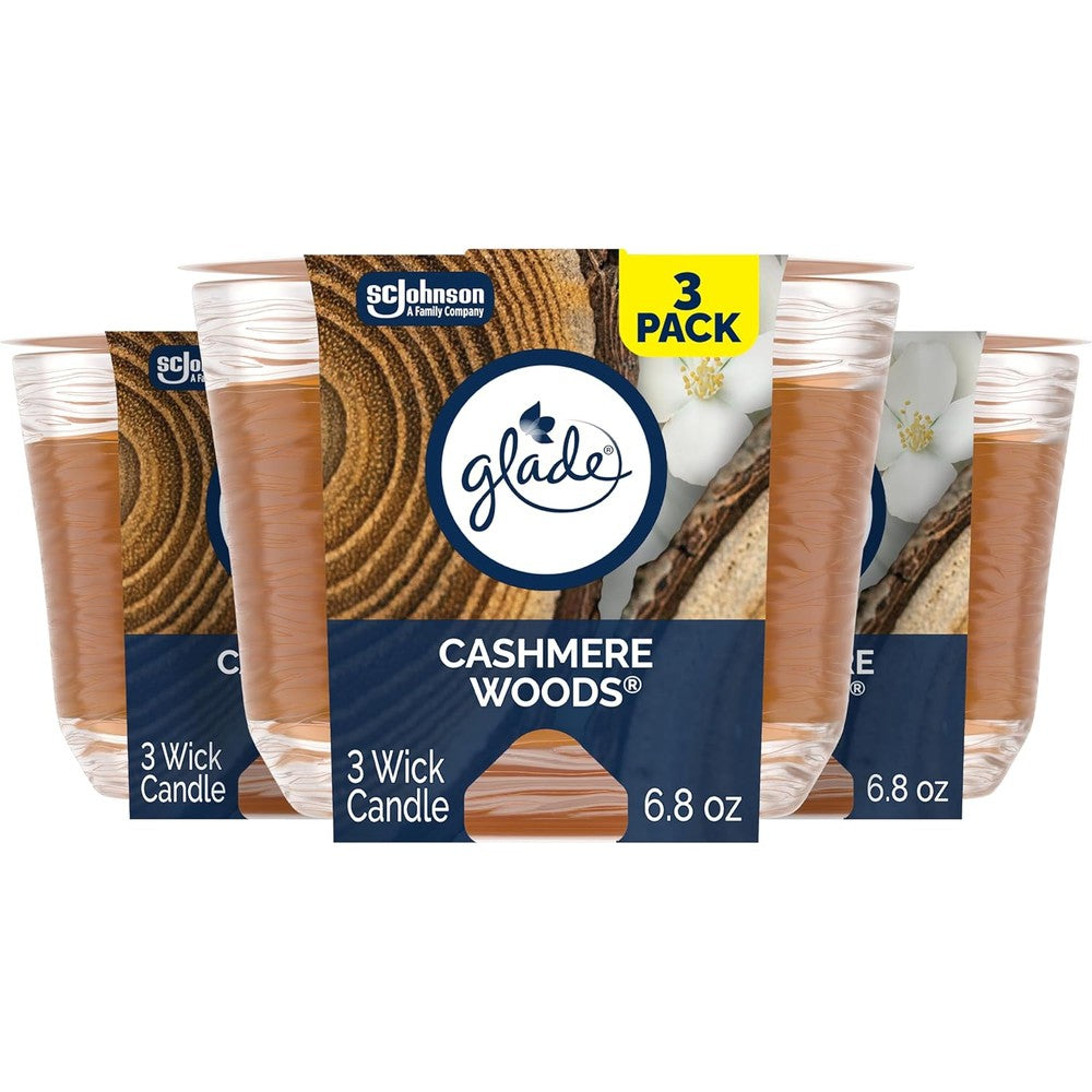 Glade Cashmere Woods 3-Wick Scented Candle front view for home fragrance.