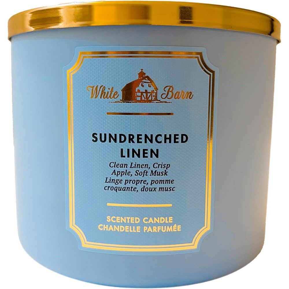 Bath & Body Works White Barn Sun-Drenched Linen 3-Wick Candle front view for home fragrance.