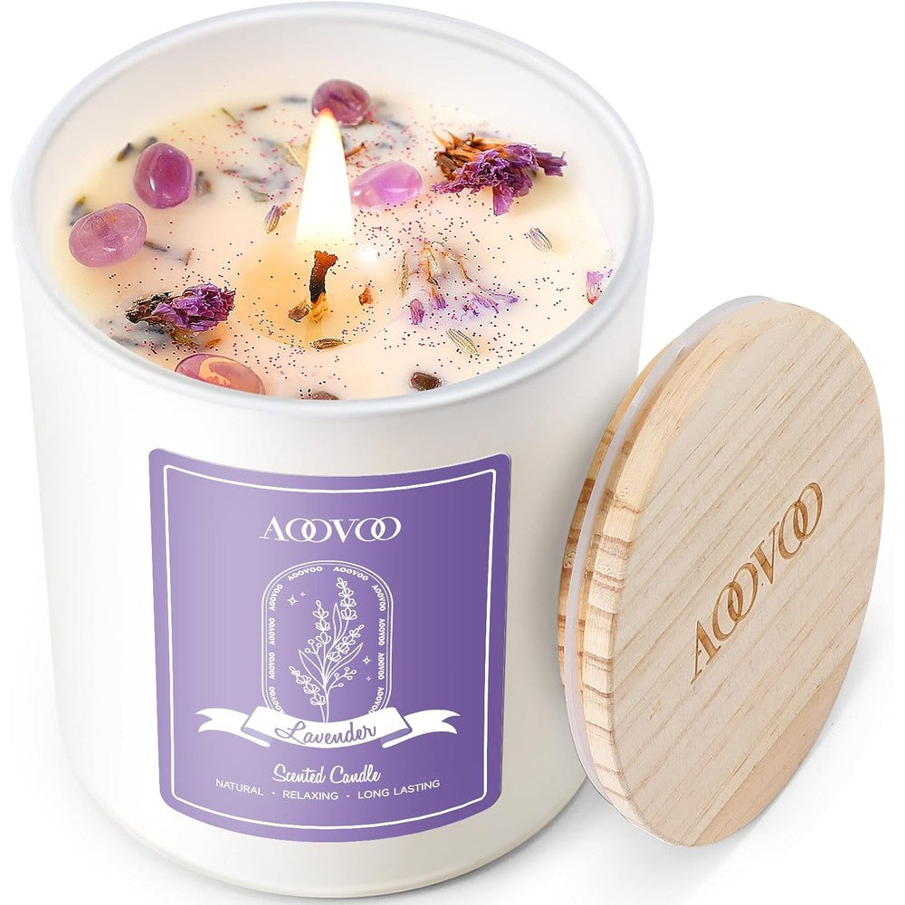 AOOVOO Lavender Scented Candle front view featuring purple crystals and dried flowers on white wax.