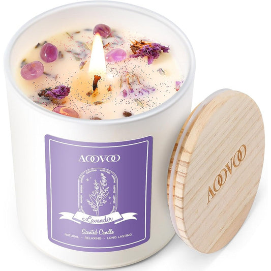 AOOVOO Lavender Scented Candle front view featuring purple crystals and dried flowers on white wax.