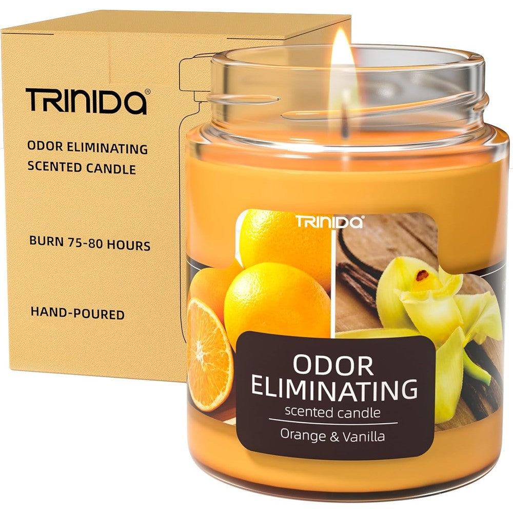 TRINIDa Orange and Vanilla Odor Eliminating Candle front view for home fragrance.
