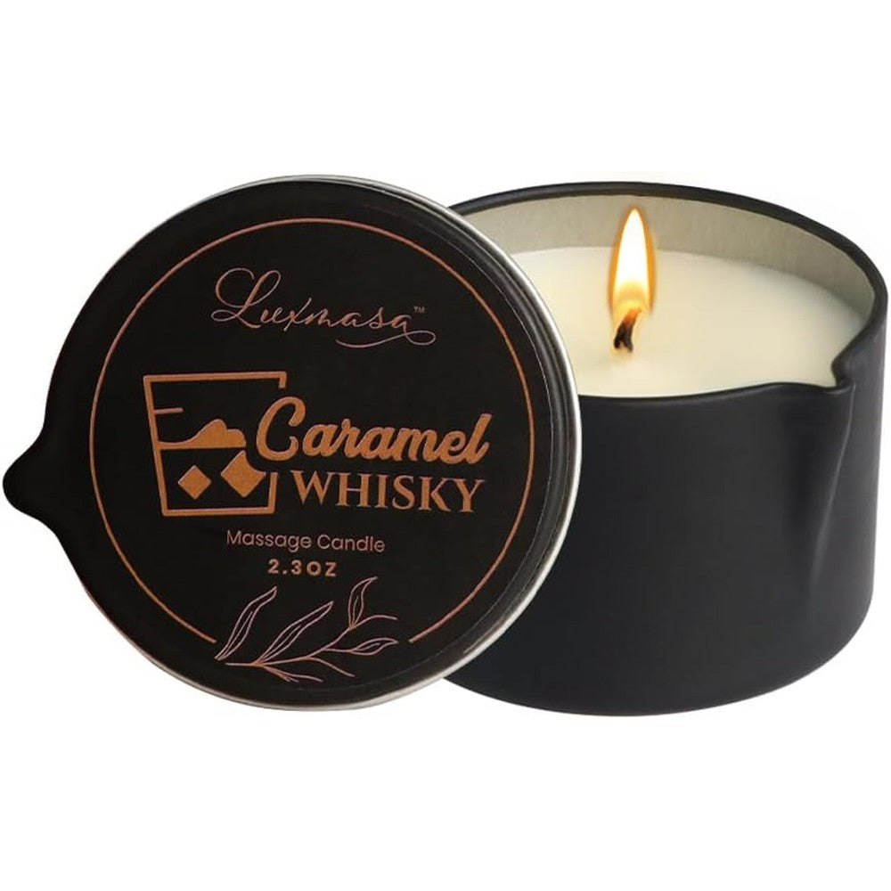 LUXMASA Soybean Wax Warming Massage Oil Candle front view in black metal tin.