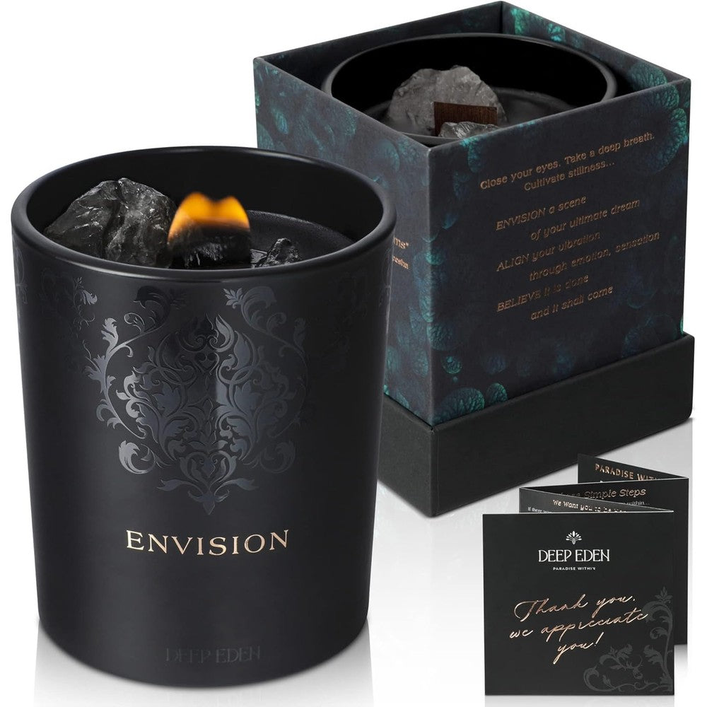 Deep Eden Black Orchid and Pine Moss Manifestation Candle front view with wood wick.