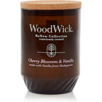 WoodWick ReNew Cherry Blossom and Vanilla Large Candle front view with amber glass