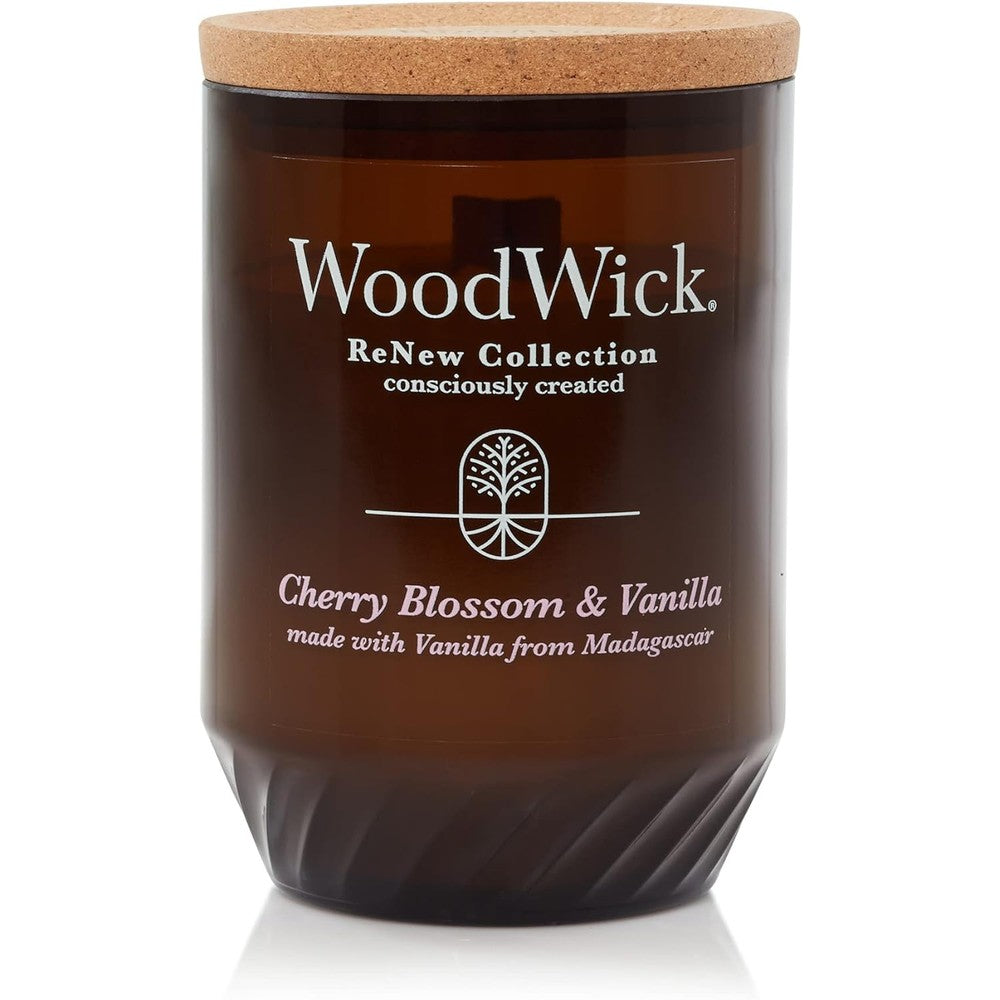 WoodWick ReNew Cherry Blossom and Vanilla Large Candle front view with amber glass