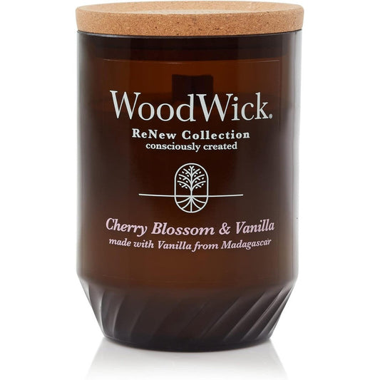 WoodWick ReNew Cherry Blossom and Vanilla Large Candle front view with amber glass