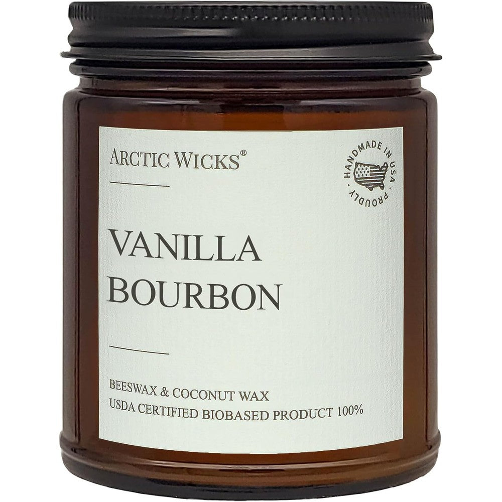 Arctic Wicks Vanilla Bourbon Candle 9 Ounce front view in amber glass jar.