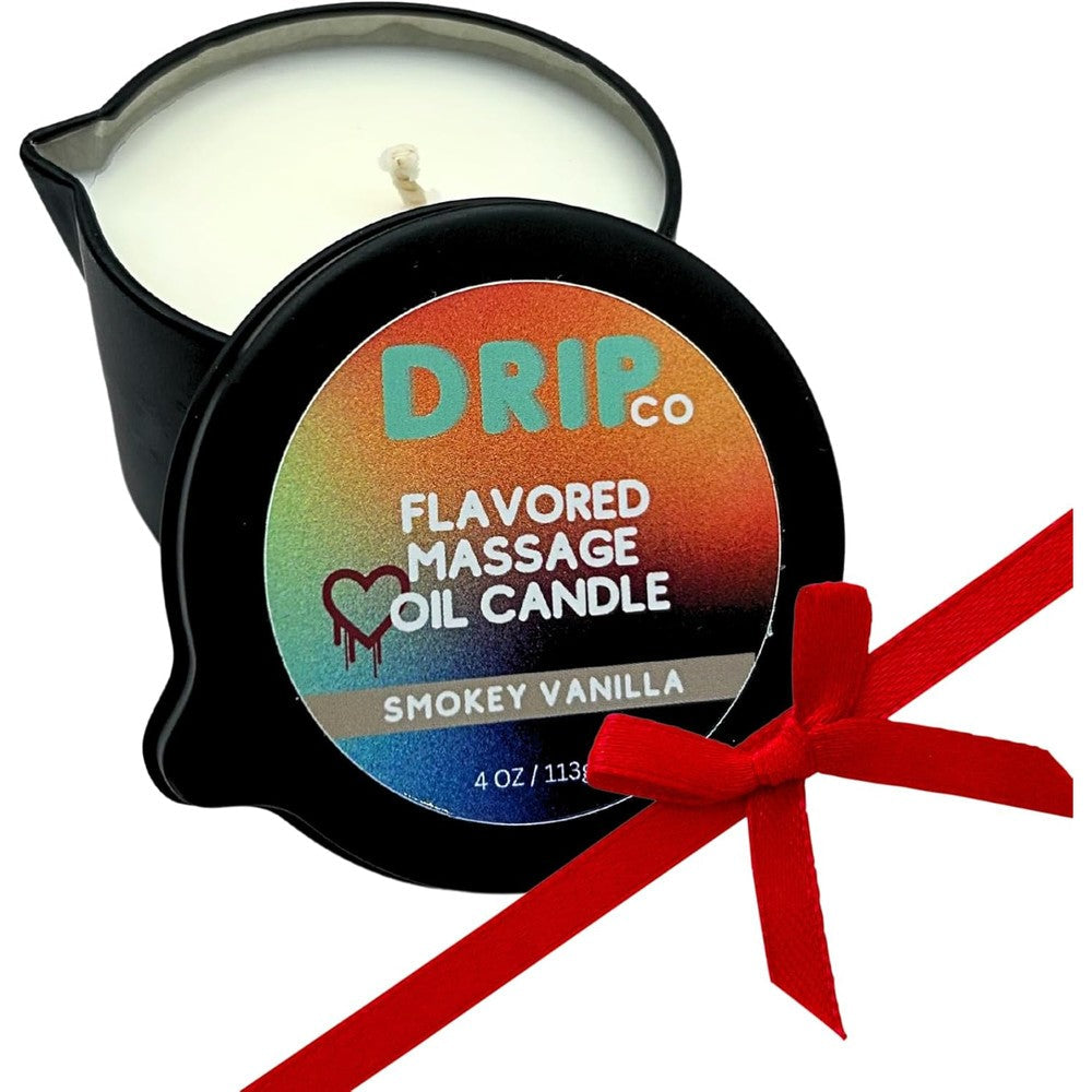 Drip Co Smokey Vanilla Massage Candle front view of 4 ounce tin for aromatherapy.