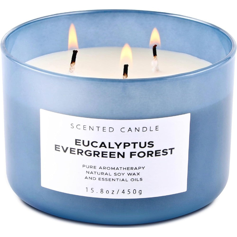 T&H Eucalyptus Evergreen Forest 3-Wick Soy Candle in blue glass jar front view.
