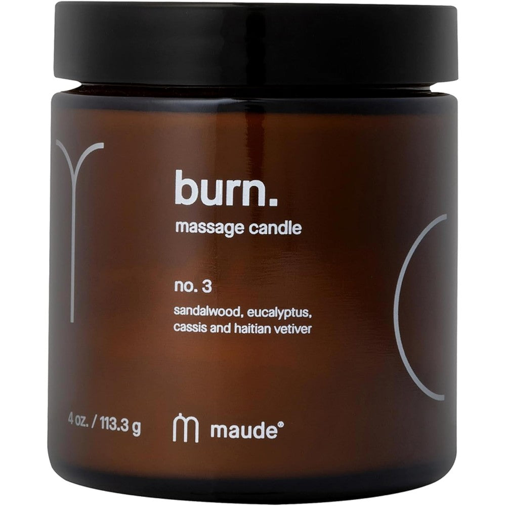 Maude Burn Number 3 Massage Candle front view in amber glass jar