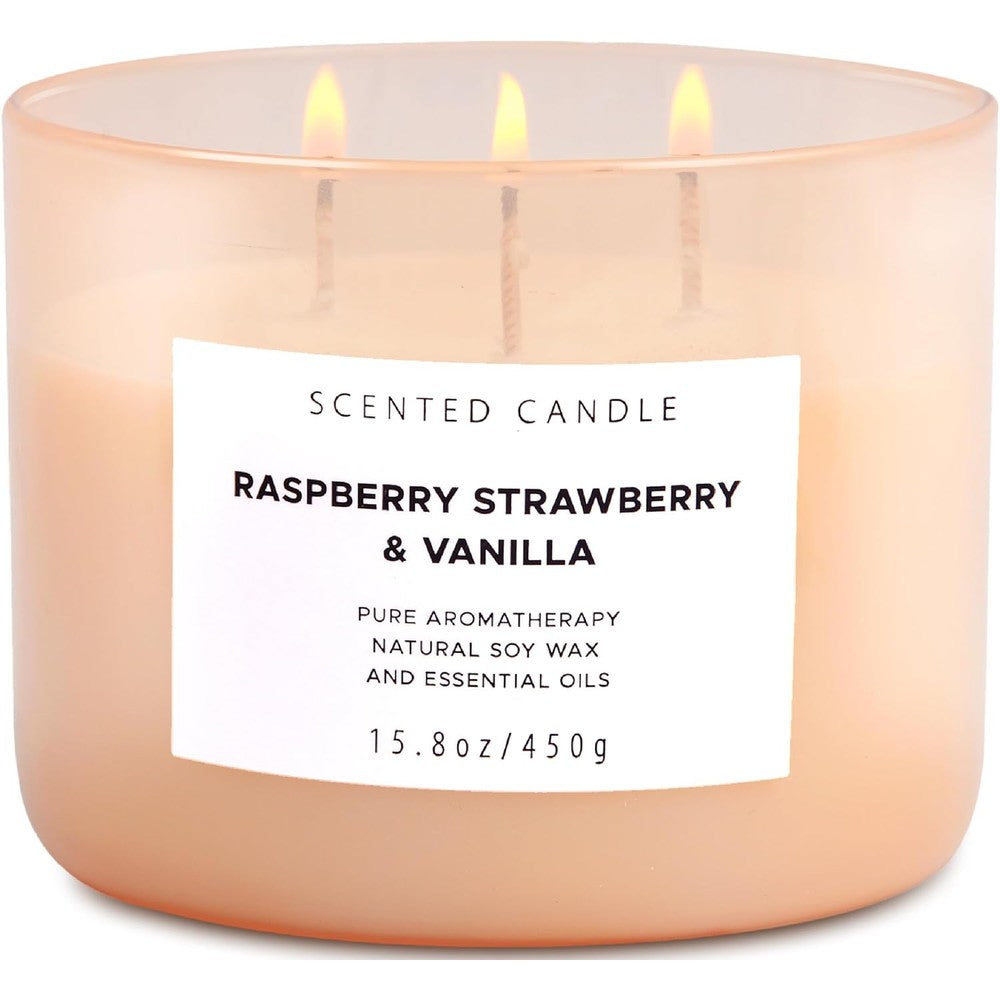 T&H Raspberry Strawberry Vanilla 3-Wick Soy Candle front view in pink glass jar.
