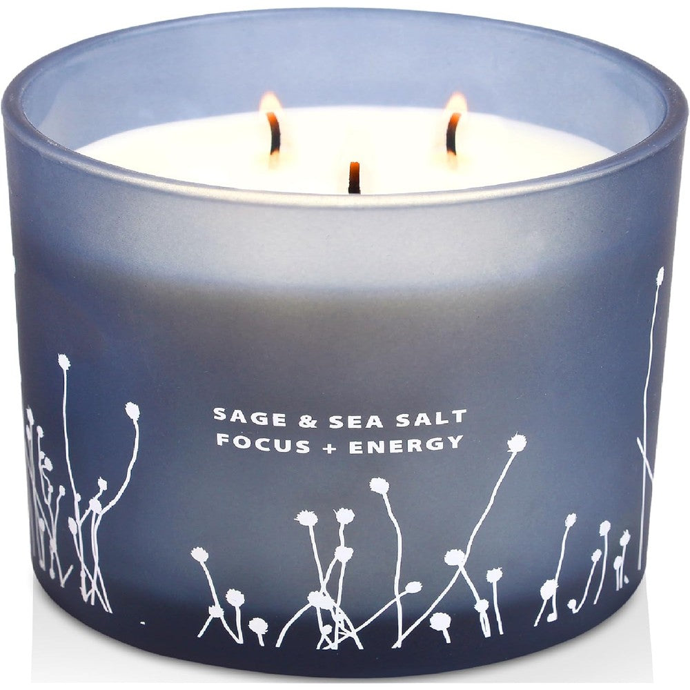 Giftaway White Sage Sea Salt 3 Wick Candle front view in blue glass jar.