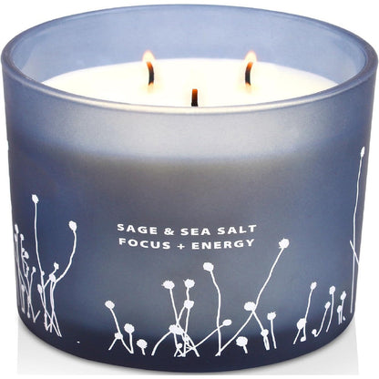 Giftaway White Sage Sea Salt 3 Wick Candle front view in blue glass jar.