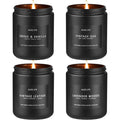 Auelife Scented Candles Set front view showing four black glass jars in a gift box.