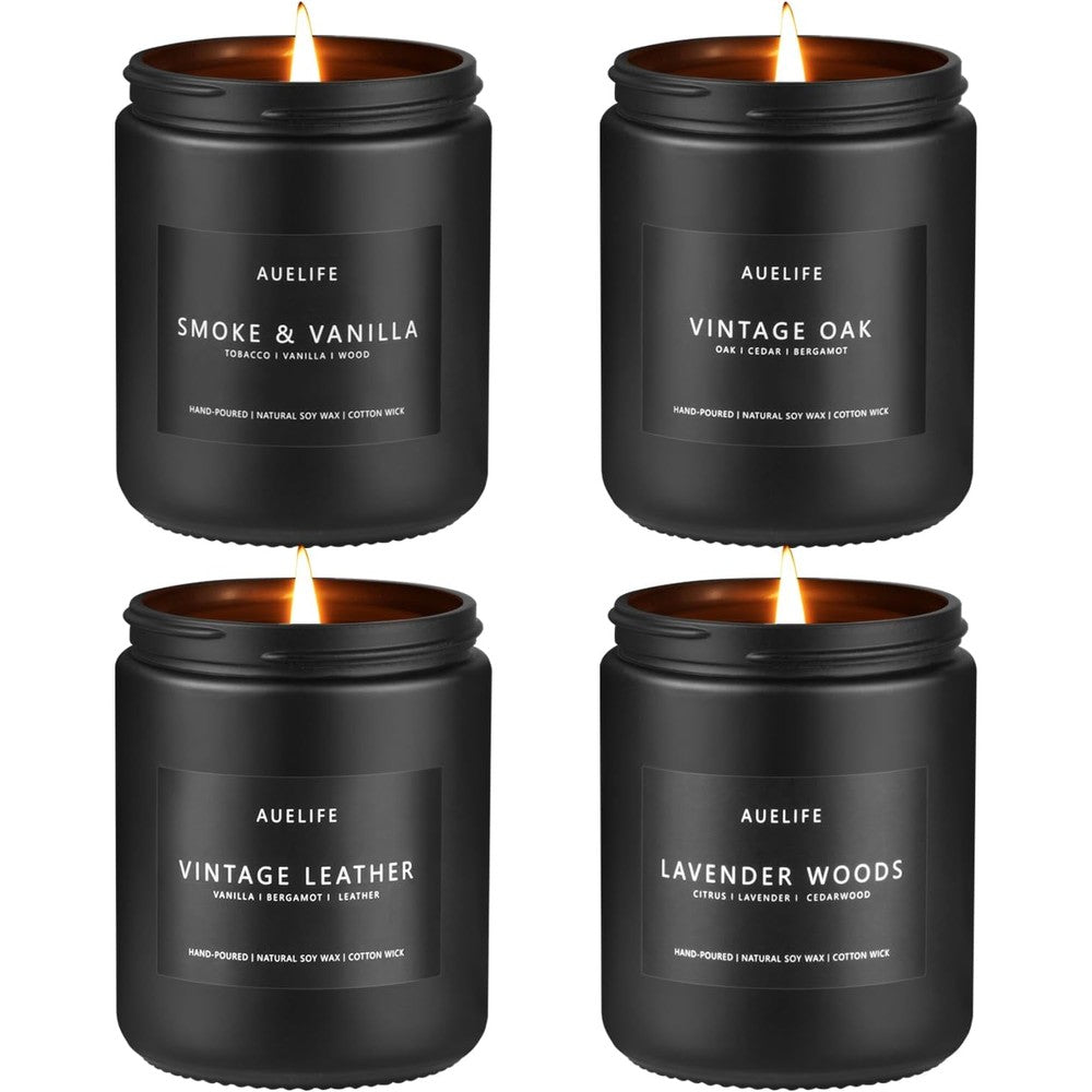 Auelife Scented Candles Set front view showing four black glass jars in a gift box.