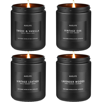 Auelife Scented Candles Set front view showing four black glass jars in a gift box.