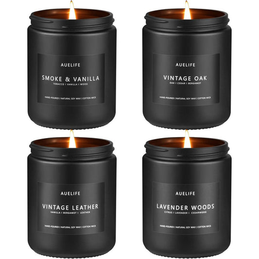 Auelife Scented Candles Set front view showing four black glass jars in a gift box.