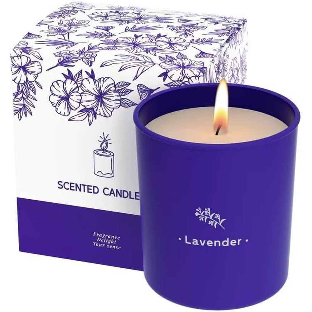 TranquilBliss Lavender Scented Candle in purple glass jar front view for home aromatherapy.