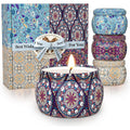 TranquilBliss Scented Candle Set 4 pack front view showing colorful patterned jars.