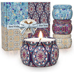 TranquilBliss Scented Candle Set 4 pack front view showing colorful patterned jars.
