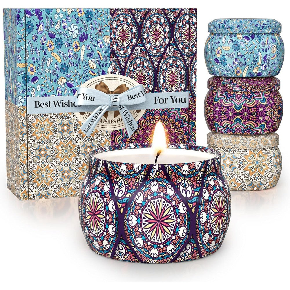 TranquilBliss Scented Candle Set 4 pack front view showing colorful patterned jars.