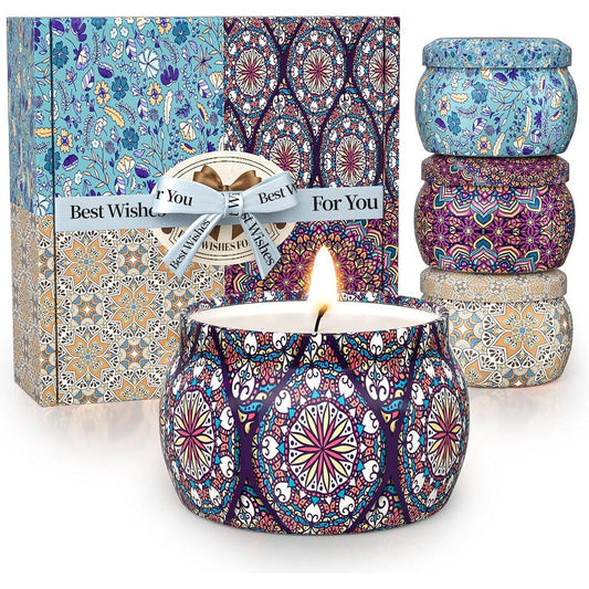 TranquilBliss Scented Candle Set 4 pack front view showing colorful patterned jars.
