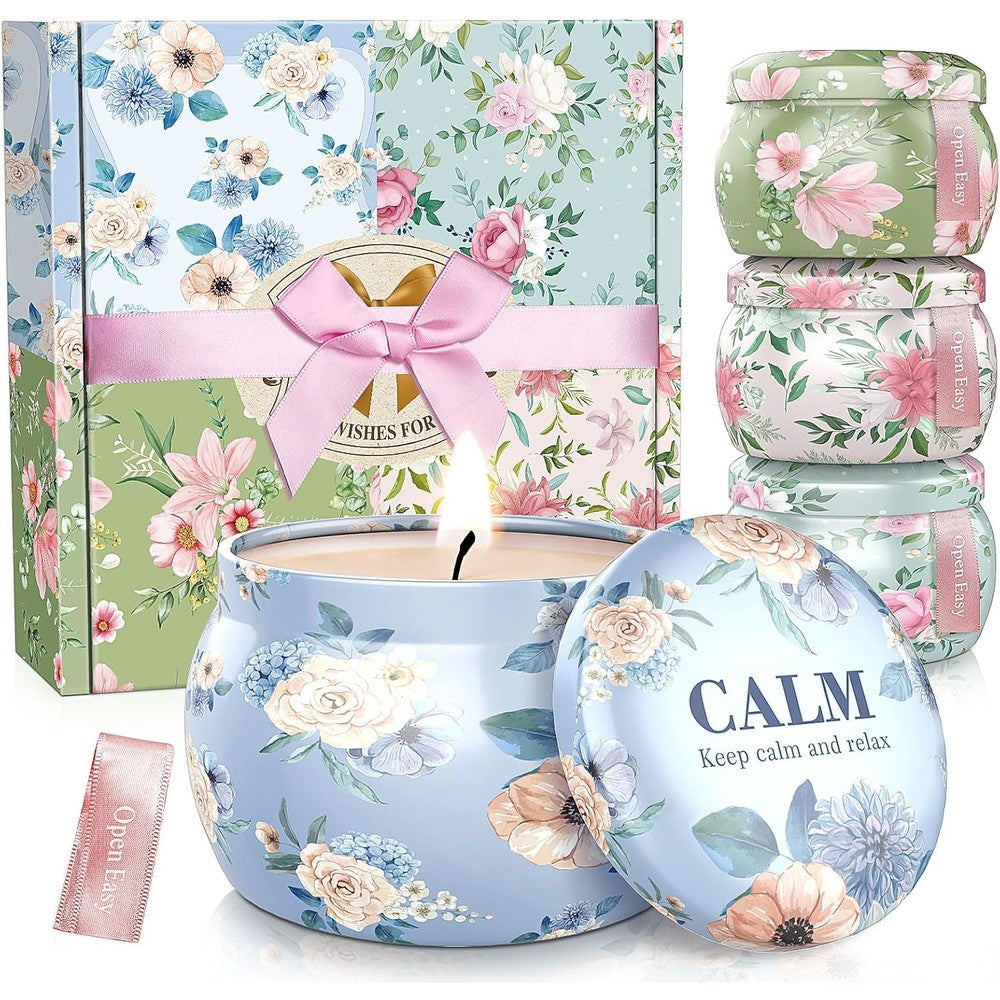 BlissfulOasis Scented Candles Set front view in floral gift box.