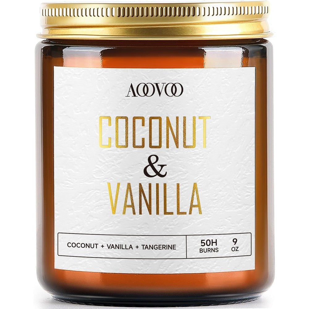 AOOVOO Coconut Vanilla Candle front view in amber glass jar.