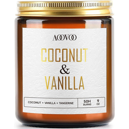 AOOVOO Coconut Vanilla Candle front view in amber glass jar.