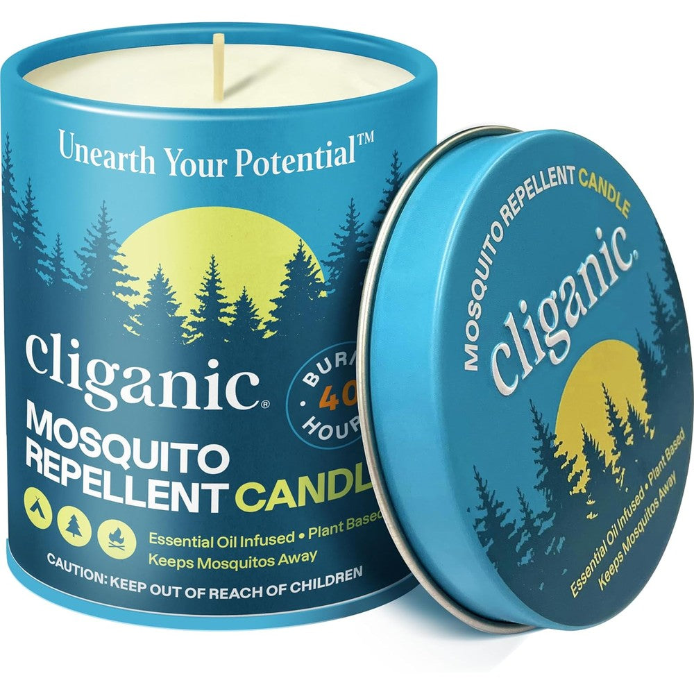 Cliganic Mosquito Repellent Candle front view 9 ounce blue tin