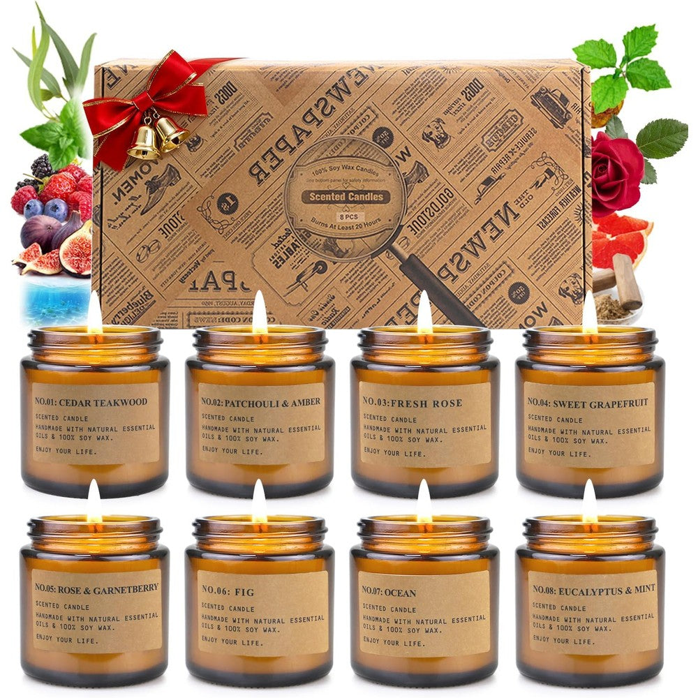 Feibao Scented Candles Gift Set front view of 8 pack amber jars in packaging