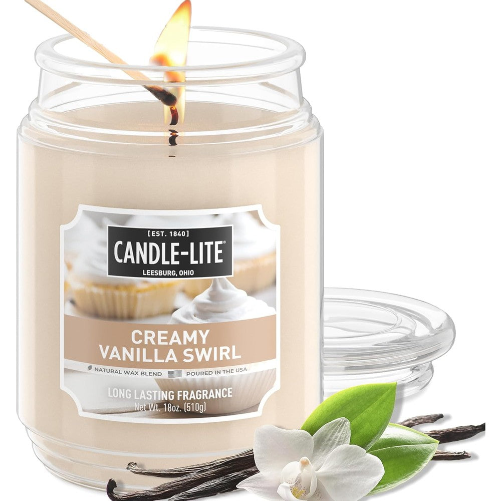 Candle-lite Creamy Vanilla Swirl 18 Ounce Jar Candle front view for home aromatherapy.