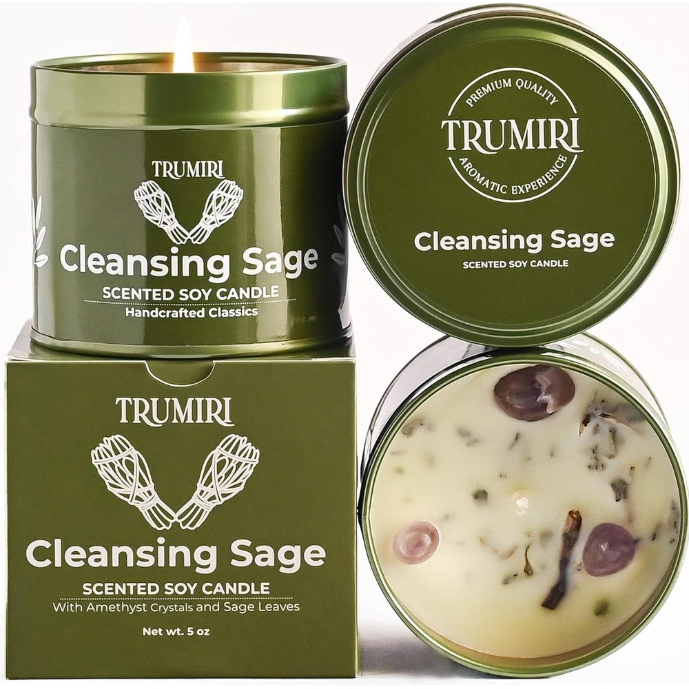 Trumiri Cleansing Sage Soy Wax Candle front view with amethyst crystals.