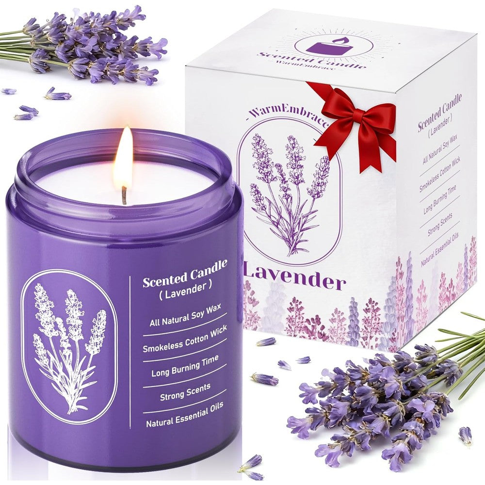 WarmEmbrace Lavender Scented Candle front view in purple glass jar.