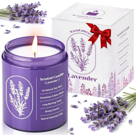 WarmEmbrace Lavender Scented Candle front view in purple glass jar.