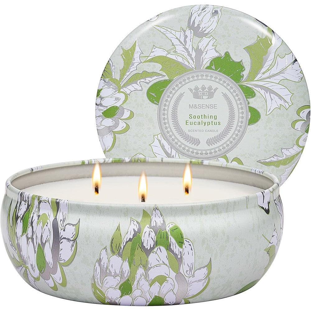 M&SENSE Soothing Eucalyptus 3-Wick Soy Candle front view floral tin aromatherapy