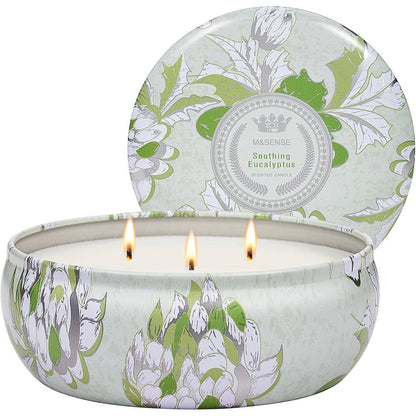 M&SENSE Soothing Eucalyptus 3-Wick Soy Candle front view floral tin aromatherapy