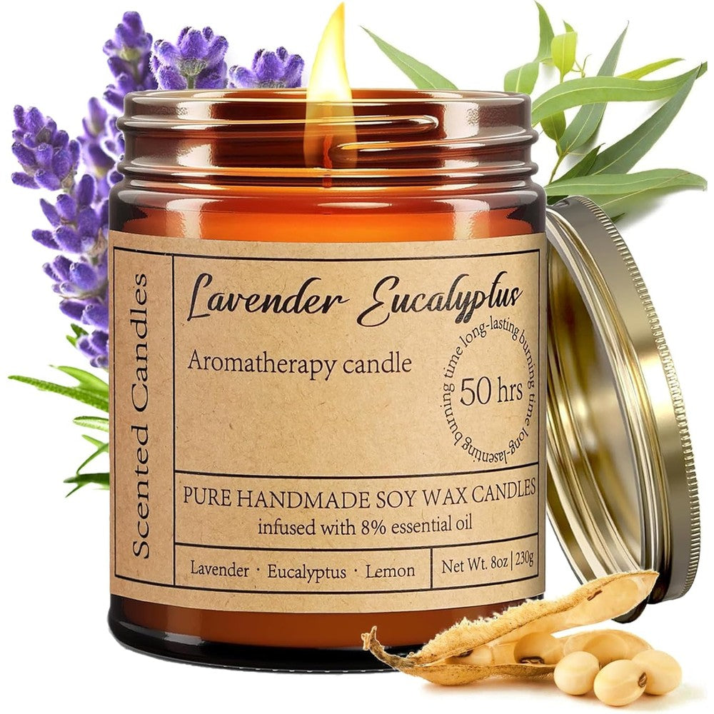 Liofeve Lavender Eucalyptus Scented Candle front view in amber glass jar for aromatherapy.