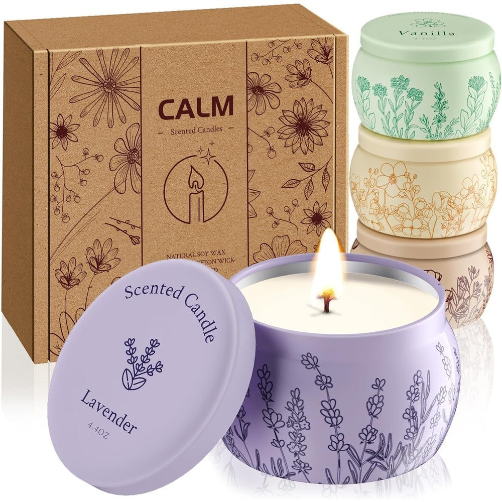 WarmEmbrace Scented Candles 4 pack gift set front view featuring botanical tins