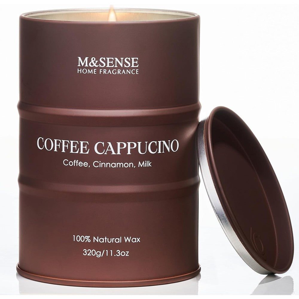 M&SENSE Coffee Cappucina Scented Candle front view in coffee tin packaging