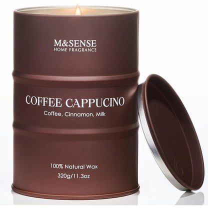 M&SENSE Coffee Cappucina Scented Candle front view in coffee tin packaging