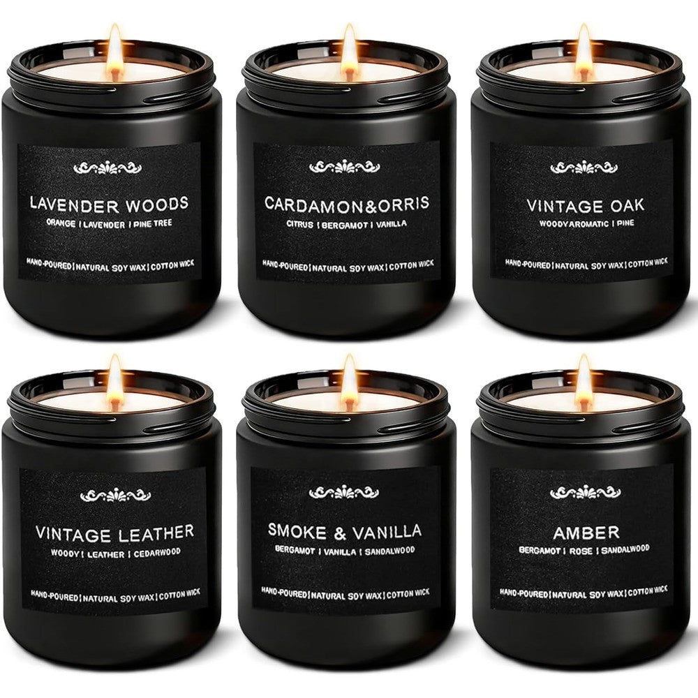 Inayou Scented Candles For Men 6 Pack set front view on wooden table.