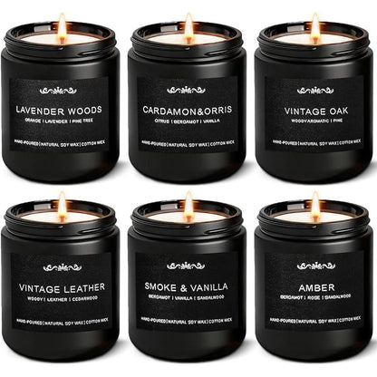 Inayou Scented Candles For Men 6 Pack set front view on wooden table.