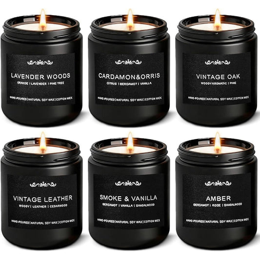 Inayou Scented Candles For Men 6 Pack set front view on wooden table.