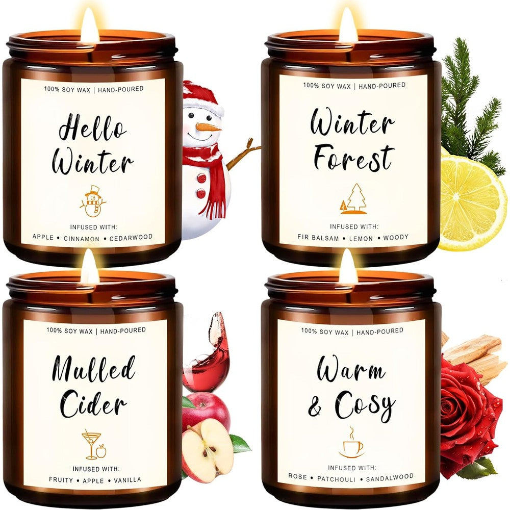 Yinuo Candle 4 Pack Winter Set front view featuring four amber glass jars.