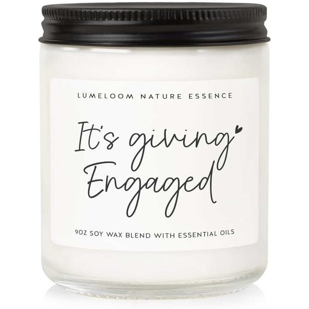 Lumeloom Engagement Lavender Scented Soy Wax Candle front view for couples gift.